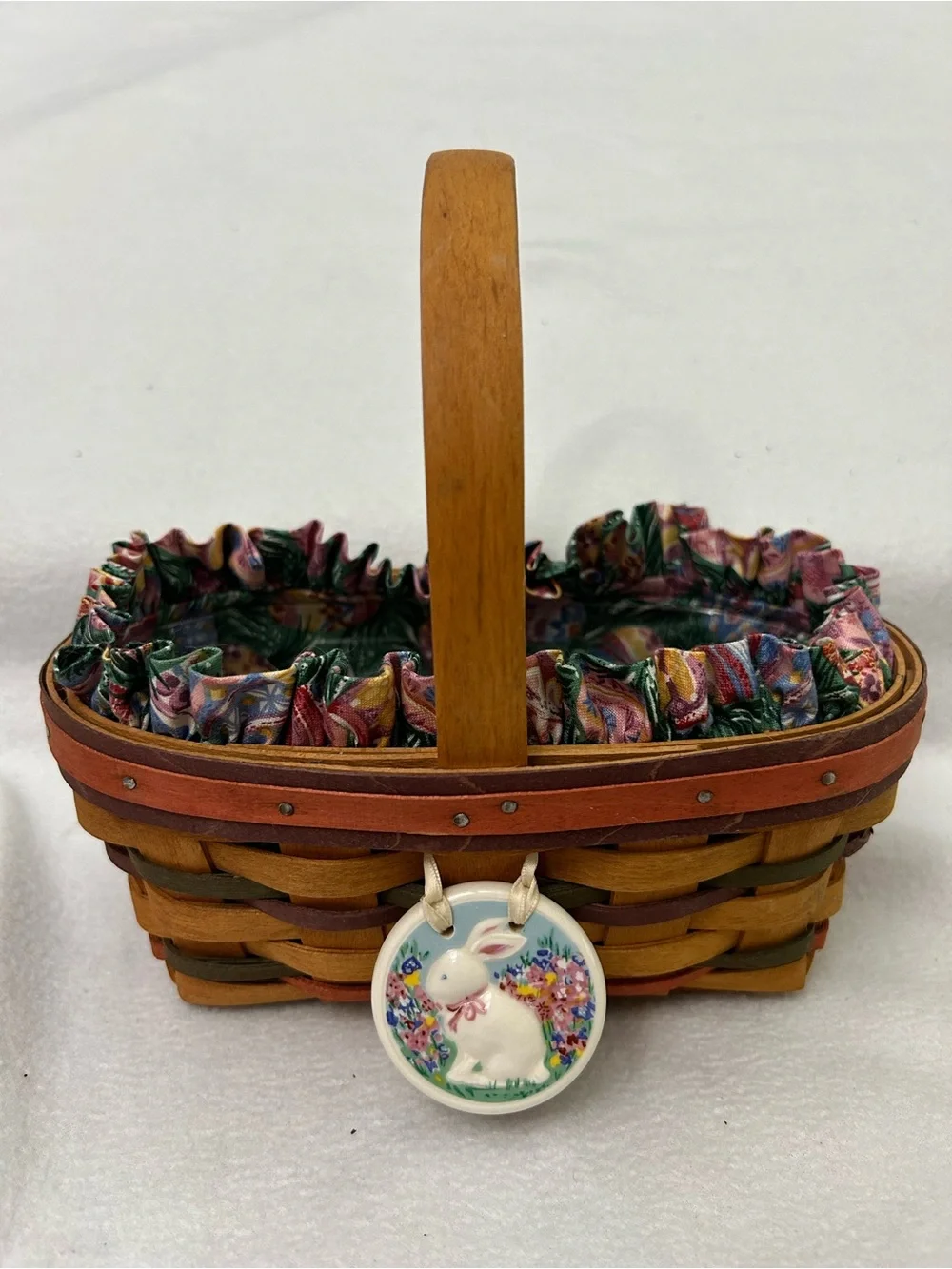 Longaberger 1996 Easter Basket with Floral Fabric Liner and Bunny Charm